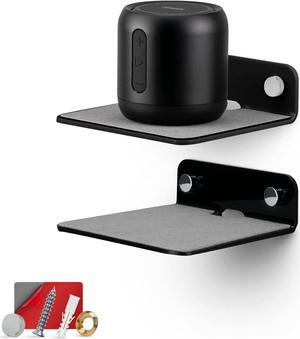 BRAINWAVZ 2-Pack 4" Small Floating Shelf Bluetooth Speaker Stand, Adhesive & Screw Wall Mount, Anti Slip, for Cameras, Baby Monitors, Webcam, Router & More, Universal Holder (SHELF11 Black)