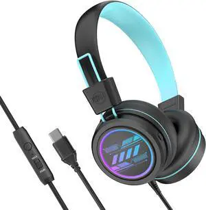 MEE audio KidJamz KJ55 Safe Listening USB-C Headphones for Children with Multicolor LED Lights, Volume Limiter, & Microphone; On-Ear Wired Kid Headset for iPhone 15, iPad, & USB Type C Devices (Black)