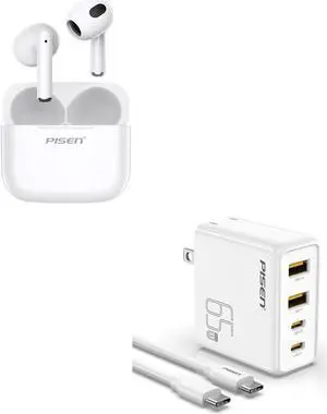 PISEN Wireless Earbuds in-Ear Headphones & 65W USB C Charger, IPX5 Waterproof Earphones for Android iOS Phone TV Laptop & USB C Fast Charger Block