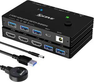HDMI2.1 KVM Switch, 8k@60HZ KVM Switch 1 Monitor 2 Computers for 3 USB Devices, 2 Port Switch Selector with Wired Control and Power Adapter
