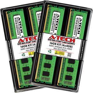 A-Tech 16GB (4x4GB) DDR3 1600MHz PC3-12800 CL11 DIMM 240-Pin Non-ECC UDIMM Desktop RAM Memory Modules
