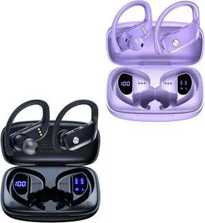 bmani 2 Sets Wireless Earbuds Bluetooth Headphones 48hrs Play Back Sport Earphones with LED Display Over-Ear Buds with Earhooks Built-in Mic Headset for Workout Black + Purple