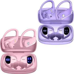 bmani 2 Sets Wireless Earbuds Bluetooth Headphones 48hrs Play Back Sport Earphones with LED Display Over-Ear Buds with Earhooks Built-in Mic Headset for Workout Pink+Purple