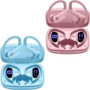 bmani 2 Sets Wireless Earbuds Bluetooth Headphones 48hrs Play Back Sport Earphones with LED Display Over-Ear Buds with Earhooks Built-in Mic Headset for Workout Sky Blue+Pink