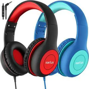 EarFun 2Packs Kids Headphones Wired with Microphone, 85/94dB Volume Limit Headphones for Kids, Portable Wired Headphone with Shareport, Stereo Sound Foldable Headset for School/Tablet/iPad/Kindle