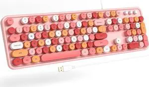 GEEZER Computer Wired USB Keyboard - Pink Full-Size Round Keycaps Retro Typewriter Keyboards, for Windows, PC, Laptop, Desktop, Mac