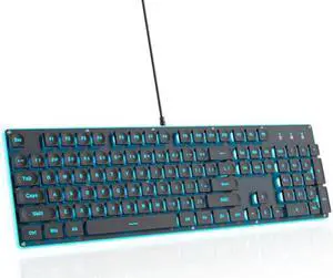 surmen G1000 Backlit Full Size Office Keyboard 104 Keys with Metal Panel, Silent Membrane USB Wired Gaming Keyboard for PC, Desktop, Computer(Black)