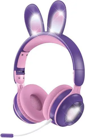 Kids Wireless Bluetooth Cat Ear Headphones with Microphone, Light Up Purple, Noise Cancelling for Kids Teens School & Travel