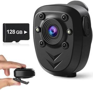 Mini Body Camera Video Recorder Built-in 128GB Memory Card with Night Vision IR & Loop Record HD 1080P, 4-6 HR Battery Life Wearable Police Cam for Home, Outdoor, Law Enforcement, Security Guard
