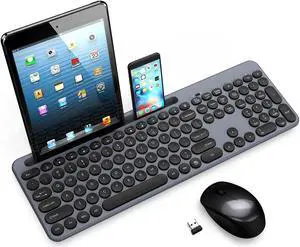 LeadsaiL Wireless Keyboard and Mouse Combo, Full-Sized Ergonomic Computer Keyboard with Phone Tablet Holder, 2.4GHz Silent Cordless Keyboard Mouse Set for Windows Laptop, PC, Desktop - Grey