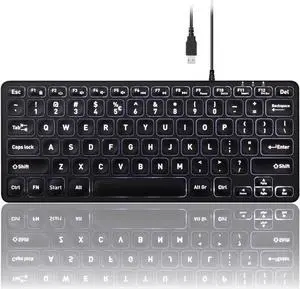 Perixx PERIBOARD-332 Wired Backlit USB Keyboard - Mini 11.22x4.57x0.83 Inches - Slim Scissor Keys with Big Font - White Illuminated LED - US English