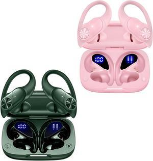 2 Sets Bluetooth Headphones Wireless Earbuds 80hrs Playtime Wireless Charging Case Sports Ear buds with Earhook Premium Deep Bass IPX7 Waterproof Over-Ear Earphones for TV Phone Laptop Olive and Pink