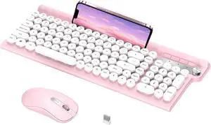 RaceGT Wireless Typewriter Keyboard and Silent Mouse Combo - Cute Pink Keyboard with Phone Holder, 2.4G USB Computer Keyboard and Mouse Set for Windows Laptop/Desktop/PC