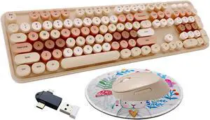 Seaciyan Wireless Keyboard and Mouse Combo, Ergonomic Cute Retro Typewriter Full Size Colorful USB Cordless Keyboard Mouse Set for Gaming and Office (Milk Tea)