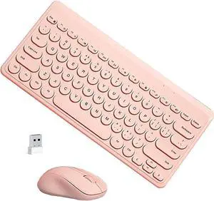 Keyboard and Mouse Combo,2.4G Wireless 79 Cute Round Keys Small Keyboards Silent and 1600 DPI Optical Mice Set (Pink)