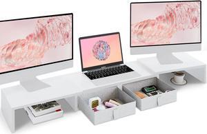 TEAMIX Dual Monitor Stand Riser - Length and Angle Adjustable White Monitor Stand with 2 Drawers to Storage Large Computer Riser for 2 Monitors/Laptop/PC, Wood Screen/TV Stand Desk Organizer