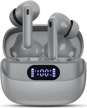TUMJUN Wireless Earbuds, 42H Playtime Bluetooth 5.3 Headphones, HiFi Stereo Call Noise Cancelling Earbuds, IPX7 Waterproof Stereo in-Ear Earphones with LED Display for iOS Android (Gray)