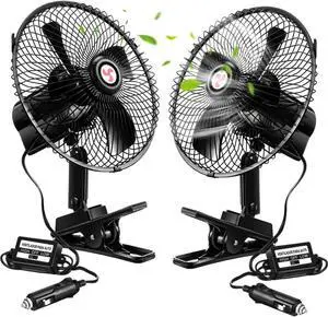 Tujoe 2 Pcs Portable Car Fan with Car Cigarette Lighter Electric Cooling 12 Volt Oscillating Fan 12 Volt Fan Automobile Vehicle 360 Degree Swivel Fan with Clip for Car Truck Supplies, Black (8 Inch)