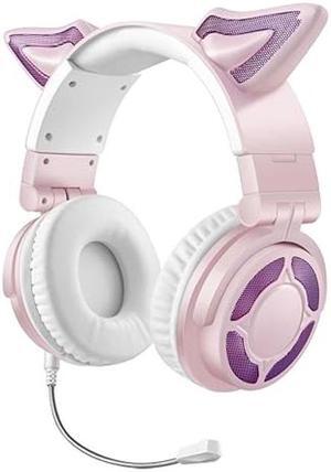 YIK TUNG Cute Fox Ear Wireless Headphones, Bluetooth 5.3 Headphones, Over Ear Wired Headphones with Mic, Foldable HiFi Bluetooth Headset with LED Lights, Gift for Adults Teens (Pink)