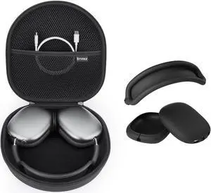 Yinke Smart Case for AirPods Max Supports Sleep Mode, with AirPods Max Headband Silicone Cover Ear Pad/Headband Cover, Hard Organizer Portable Carry Travel Bag (Black Combo Set)