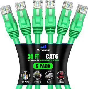 Maximm Cat 6 Ethernet Cable 30 ft (6-Pack) - High-Speed LAN Cable, Internet Cable, Patch Cable, and Network Cable - UTP, 10Gbps, 550MHz Ethernet Cord - Green