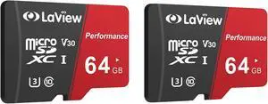 LaView 64GB Micro SD Card 2 Pack, Micro SDXC UHS-I Memory Card - 95MB/s,633X,U3,C10, Full HD Video V30, A1, FAT32, High Speed Flash TF Card P500 for Computer with Adapter/Phone/Tablet/PC
