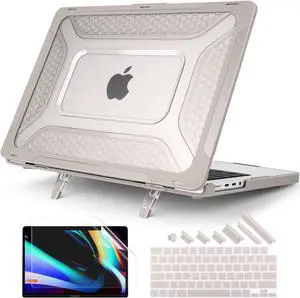 Batianda Compatible with New MacBook Pro 14 inch Case 2024 2023 2021 Release M4 M3 M2 Pro Max, Heavy Duty Honeycomb Design Protective Hard Shell TPU Bumper and Fold Kickstand with Keyboard Cover,Khaki