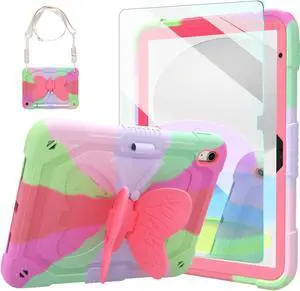 Ambison iPad 10th Generation Case 10.9" 2022 for Kids Girls, with Tempered Glass Screen Protector, Shoulder Strap|Shockproof Sturdy Cute Cover 10th Gen iPad Case with Butterfly Stand((Rose Red)
