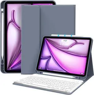 aoub Keyboard Case for iPad Air 11 inch M2 (2024), iPad Air 5th/4th Generation (2022/2020) 10.9 inch, Detachable Wireless Bluetooth Keyboard, Stand Folio Cover with Pencil Holder, Purple Gray