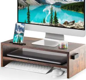 Marbrasse Monitor Stand Riser, 16.5 Inch 2 Tier Computer Monitor Stand, Printer Shelf Stand for Laptop Computer Screen Storage, Desktop Stand with Phone Holder and Cable Management (Vintage)