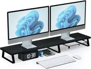 Wood Dual Monitor Stand Riser - Monitor Stand for 2 Monitors, Large Computer Stand For Desk with Metal Legs, Desk Organizers and Storage With Drawer, Desk Shelf for Computer/Laptop/Printer/TV, Black