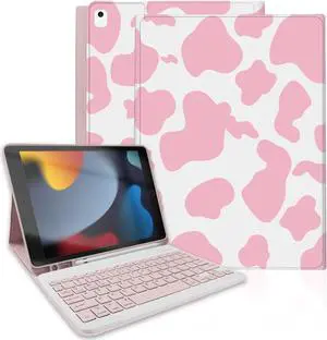 TopPerfekt for iPad 9th Generation Keyboard Case 10.2inch 2021, Magnetically Absorbent, Auto Sleep/Wake, Pencil Holder for iPad 8th Gen 2020, 7th Gen 2019, Air 3rd, pro 10.5inch - Pink Cow