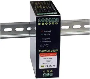 48VDC 240W DIN Rail Mount Industrial Power Supply, 90 to 264VAC Input, 48V 5A Output, 40C to +70C oper Temp Range, Adjustable Output, Dry Contact DC Alarm, Supports Parallel Ops, Wire Term Conn