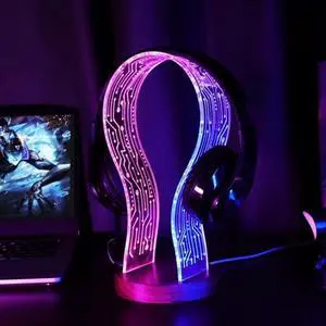 CoolGift Mart Gifts for Gamers and Music Lovers, Light Up Headphone Stand, Walnut Wood Headset Holder with Blue Pink LED Night Light, Ideal Desk Accessory