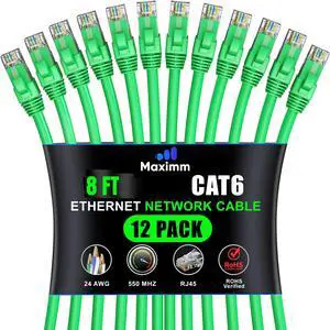 Maximm Cat 6 Ethernet Cable 8 Ft (12-Pack) - High-Speed LAN, Internet, Patch, and Network Cord - UTP, 10Gbps, 550MHz - Green