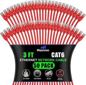 Maximm Cat 6 Ethernet Cable 3 ft (50-Pack) - High-Speed LAN, Internet, Patch, and Network Cord - UTP, 10Gbps, 550MHz - Red