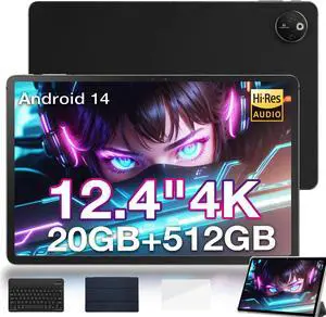 DOOGEE 12.4 Inch Tablet with Keyboard,4K Display T30 Max Tablets, 10800mAh 33W Fast,20GB RAM+512GB ROM,Helio G99 Octa-core,Android 14,TUV Certified,4G-LTE Android Tablet with Case & Protective Film