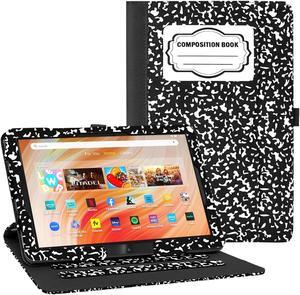 OKP Case for All New Kindle Fire HD 10 Tablet & HD 10 Plus (11th/13th Generation, 2021/2023 Release), 360 Degree Rotating Swivel Stand Leather Cover, Auto Wake Sleep, Composition Book Black