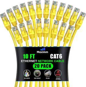 Maximm Cat 6 Ethernet Cable 10 ft (20-Pack) - High-Speed LAN Cable, Internet Cable, Patch Cable, and Network Cable - UTP, 10Gbps, 550MHz Ethernet Cord - Yellow