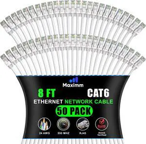 Maximm Cat 6 Ethernet Cable - 8 ft (50-Pack) - High-Speed LAN, Internet, Patch, and Network Cable - UTP, 10Gbps, 550MHz Ethernet Cord - White