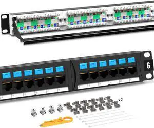 AMPCOM CAT6 24 Ports Patch Panel, Rack Mount - 1U, 19 inch,RJ45 Ethernet 568A 568B, Gold Plated, with Rear Cable Management Bar