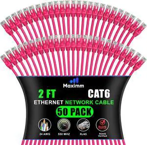 Maximm Cat 6 Ethernet Cable - 2 ft (50-Pack) - High-Speed LAN, Internet, Patch, and Network Cable - UTP, 10Gbps, 550MHz Ethernet Cord - Pink