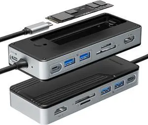 Yottamaster USB C Hub with M.2 NVMe SSD Enclosure, 8 Ports USB C HUB Adapter 10Gbps USB 3.2 Gen2, 4K@60Hz HDMI, 100W PD, SD/TF2.0 Card Reader for Windows, Mac [Diskless] - YM28P