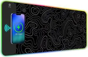 ToLuLu RGB Wireless Charging Gaming Mouse Pad, 7.5/10/15W 10 Light Modes LED Mouse Pad Computer Keyboard Mat Mousepad, 800x300x4MM Extended Large Desk Pad for Gamer, Black and White Abstract Lines