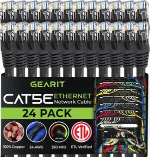 GEARIT 24-Pack, Cat5e Ethernet Patch Cable 1 Foot - Snagless RJ45 Computer LAN Network Cord, Black GEARIT 24-Pack, Cat5e Ethernet Patch Cable 1 Foot - Snagless RJ45 Computer LAN Network Cord, Black