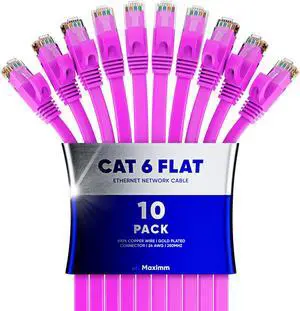 Cat6 Ethernet Cable 30ft, 10-Pack Pink - Flat High-Speed Network Cables for Gaming, Streaming, Router, Modem, PC, PS5, Xbox - Durable & Space-Saving Design