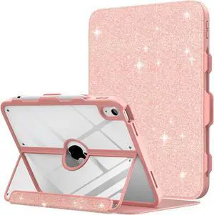 MoKo for iPad 11-inch (A16) 11th Generation Case 2025/ iPad 10th Generation Case with Pencil Holder 2022 10.9 inch, Built-in Screen Protector Clear Back, Multi Angle Viewing Stand, Glitter Pink