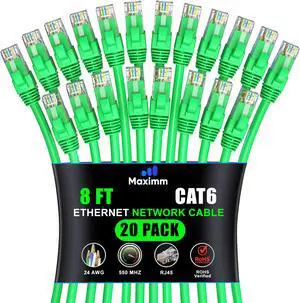 Maximm Cat 6 Ethernet Cable 8 ft (20-Pack) - High-Speed LAN Cable, Internet Cable, Patch Cable, and Network Cable - UTP, 10Gbps, 550MHz Ethernet Cord - Green