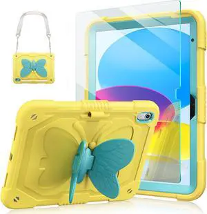 Ambison Case for iPad (A16) 11th/10th Generation 2025/2022 10.9'' for Kids Girls, with 9H Tempered Glass Screen Protector, Heavy Duty Protective Case with Butterfly Stand, Carrying Strap-Yellow