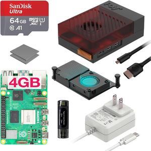 Argon Poly+5 Raspberry Pi 5 Starter Kit | Raspberry Pi 5 4GB Kit/Pi 5 Board/Raspberry Pi 5 Case / 27W PWR GAN PSU/Pi 5 Active Cooler / 64GB SD Card / 2 Micro HDMI Cable (BRED, 4GB)